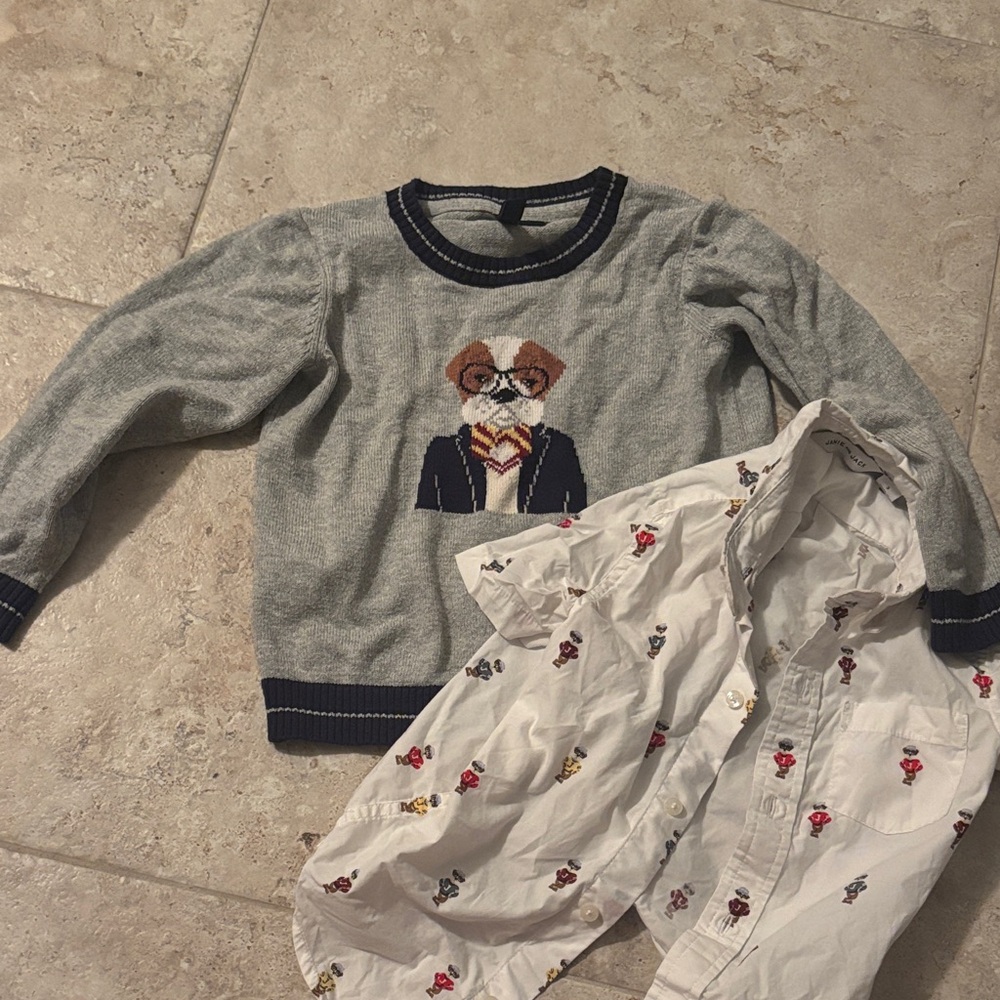 Janie and Jack Gray and Navy Sweater with Oxford shirt sleeve matching shirt